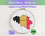 Digital cross stitch pattern of Belgium's flag in an embroidery hoop on a white background.