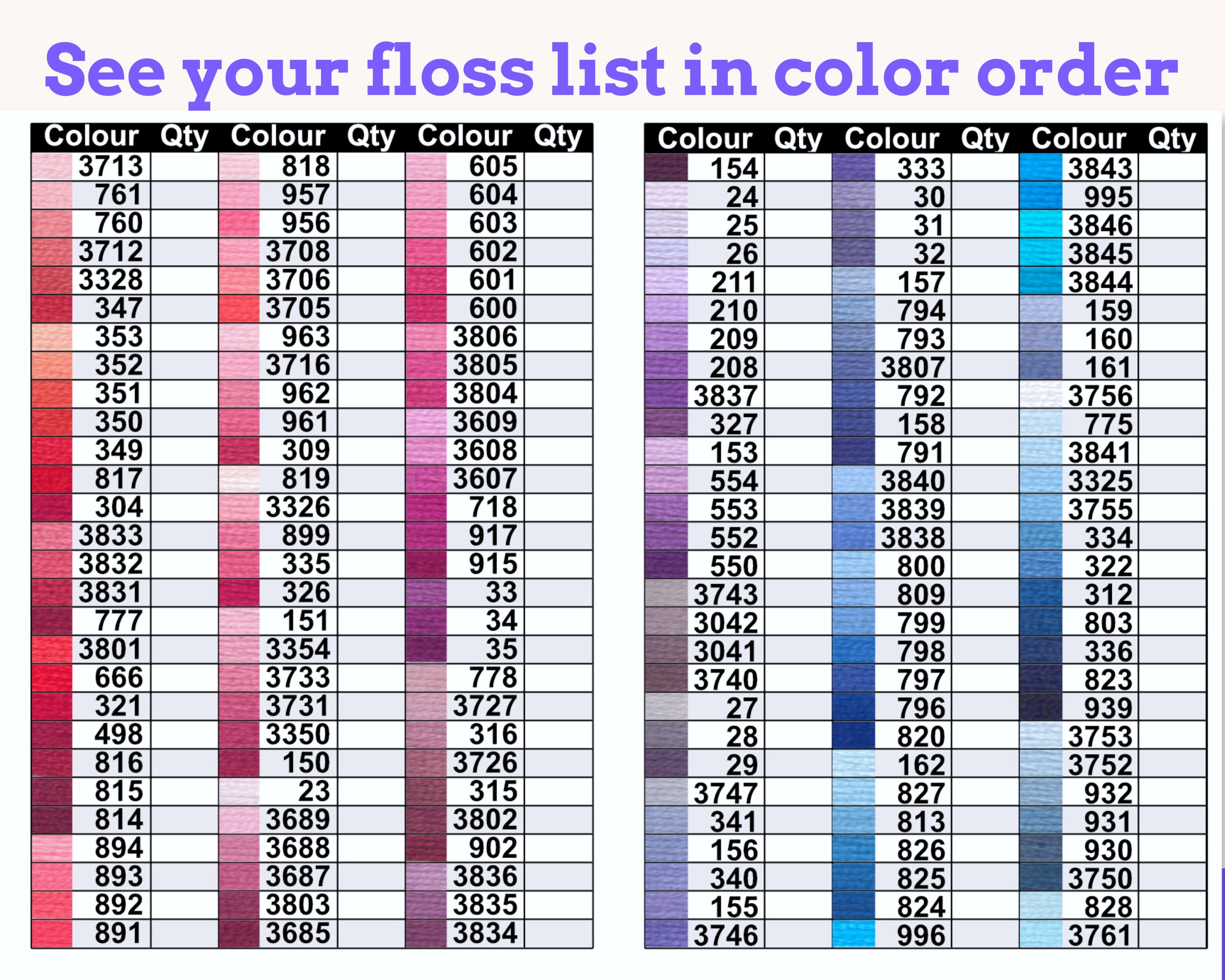 DMC Floss Mini Book: Colour Order