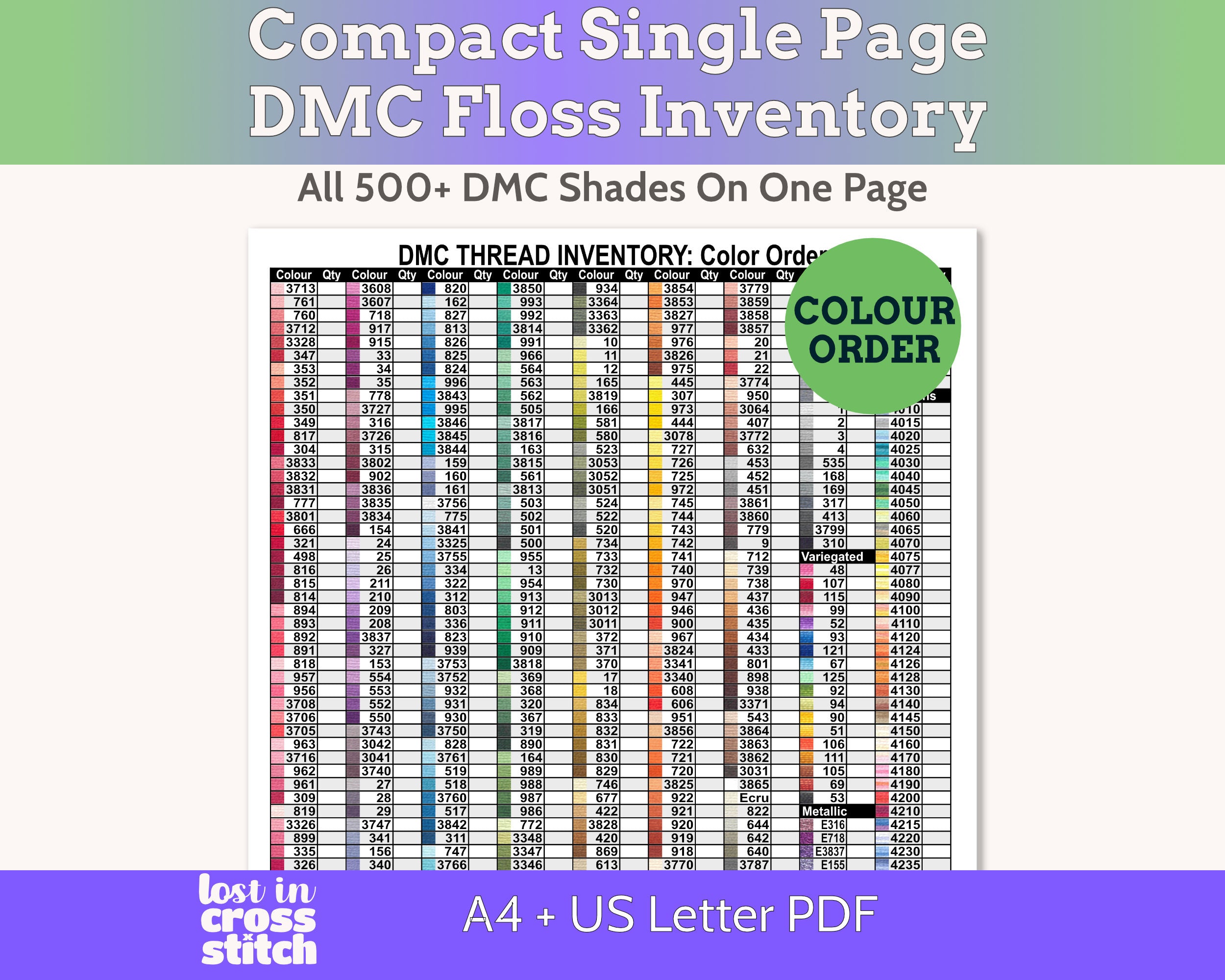 DMC Floss Inventory: Colour Order (Single Page) Main image