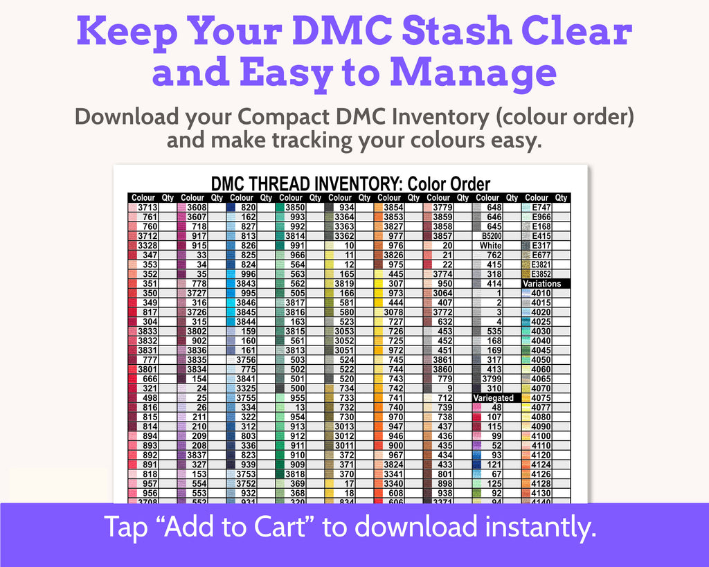 DMC Floss Inventory: Colour Order (Single Page)