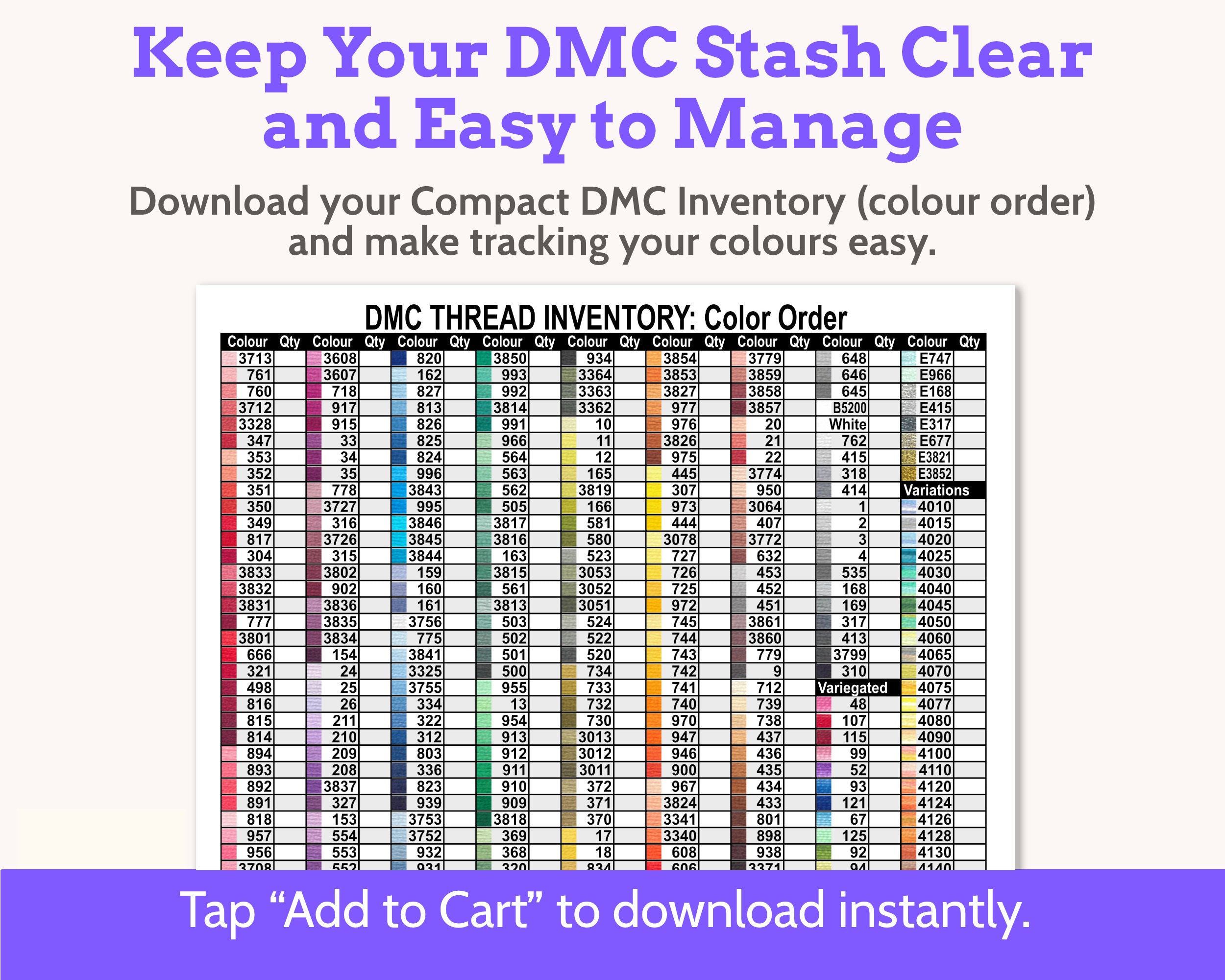 DMC Floss Inventory: Colour Order (Single Page)