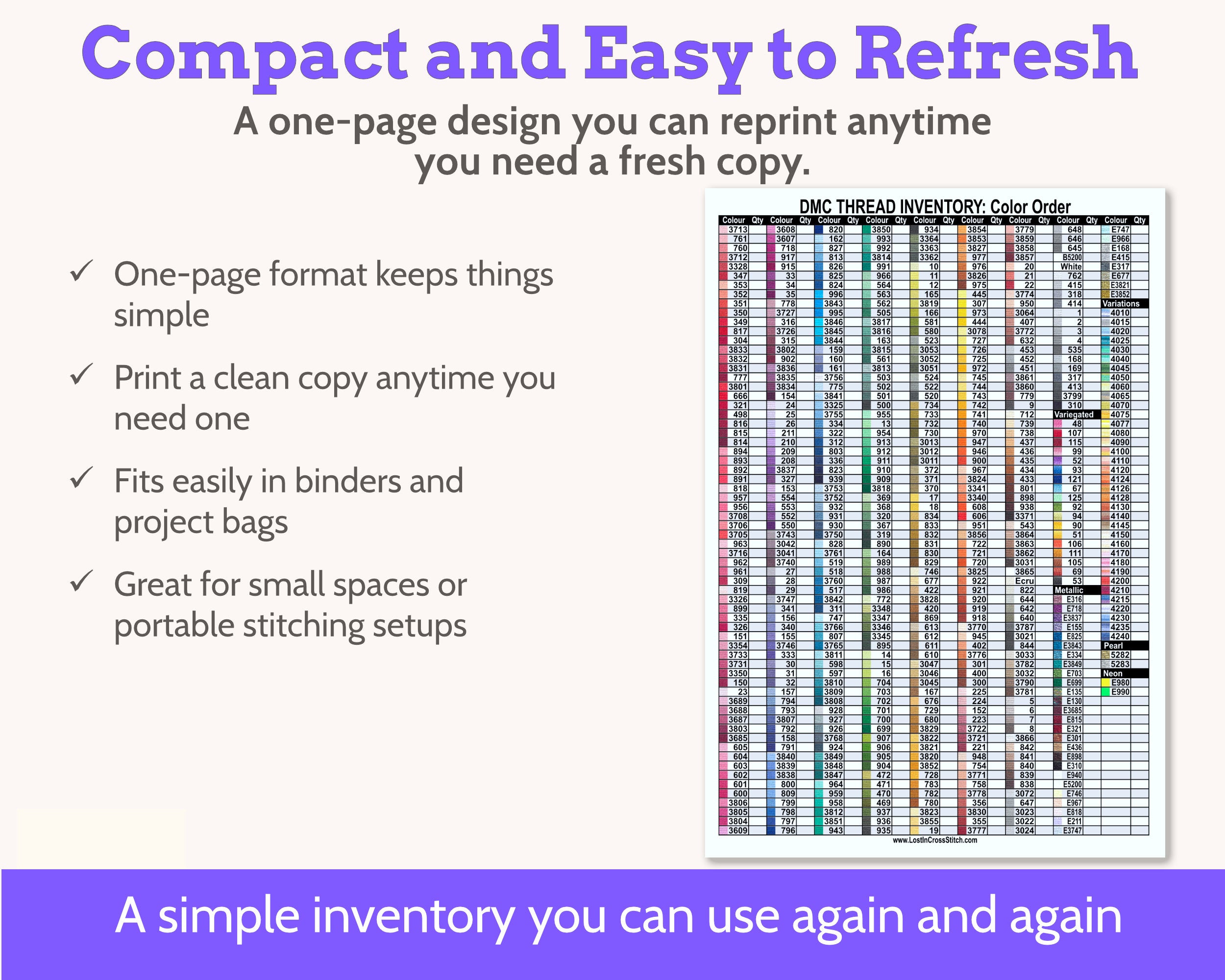 DMC Floss Inventory: Colour Order (Single Page)