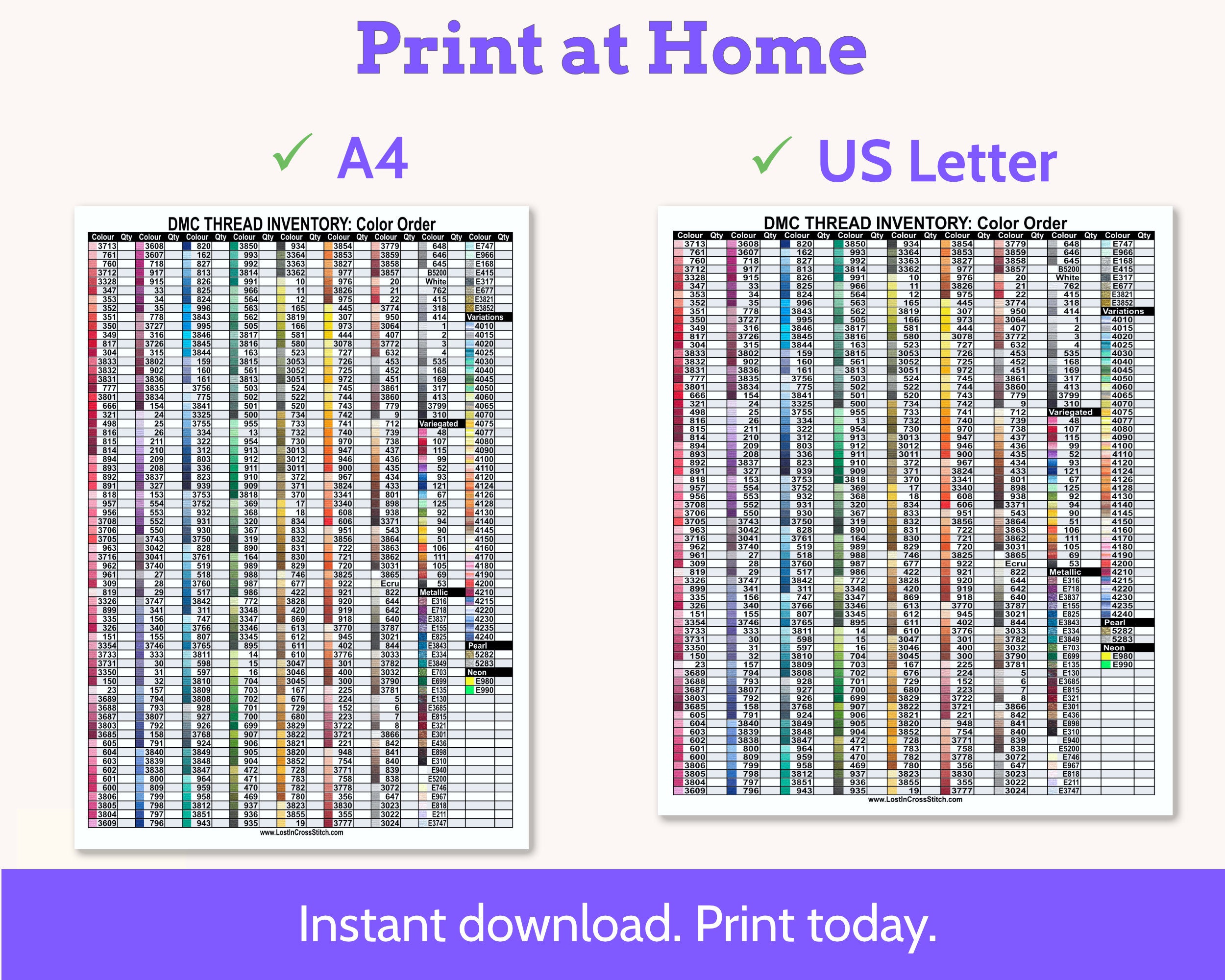 DMC Floss Inventory: Colour Order (Single Page)