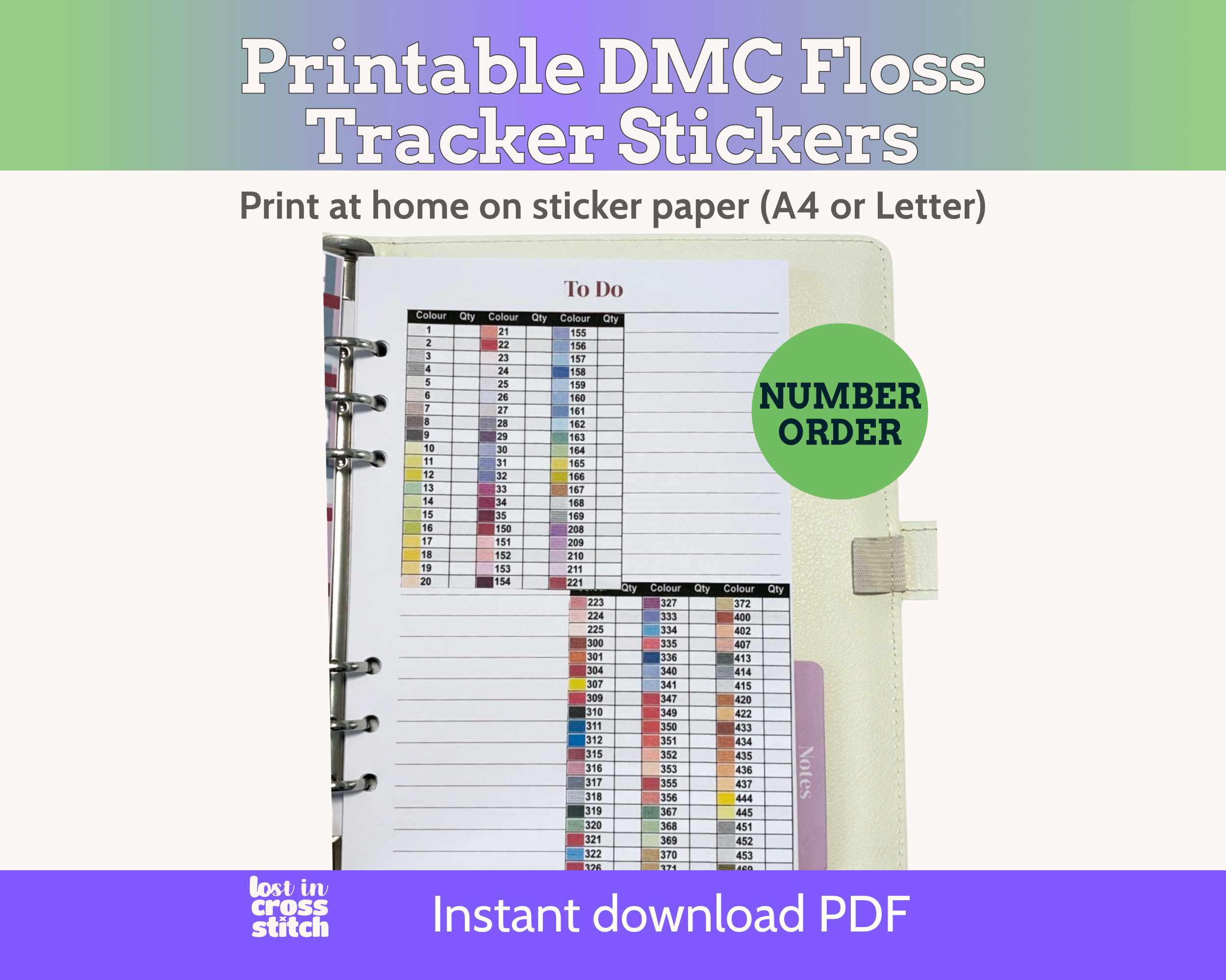 Cross Stitch DMC Number Order Floss Tracker Planner Stickers PDF Main image
