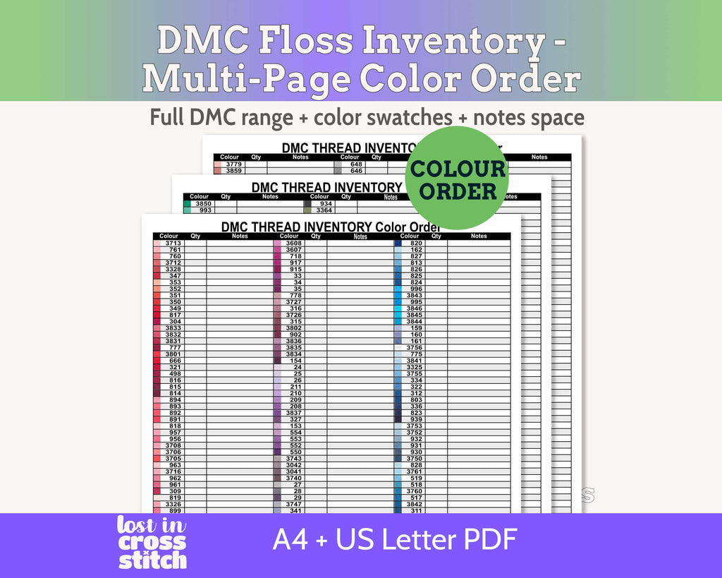 DMC Floss Inventory: Colour Order (Three Page, with Notes)