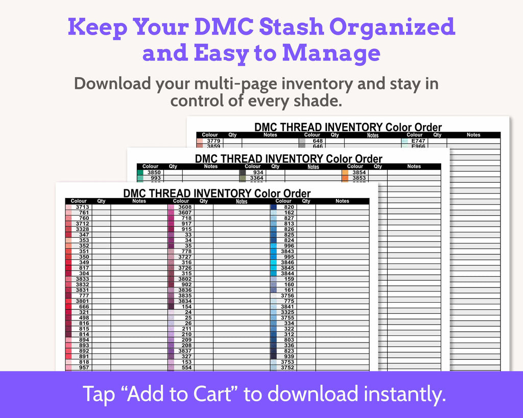 DMC Floss Inventory: Colour Order (Three Page, with Notes)