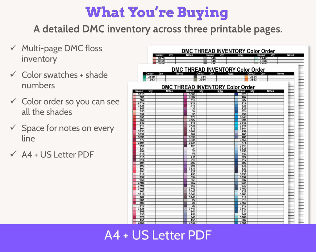 DMC Floss Inventory: Colour Order (Three Page, with Notes)