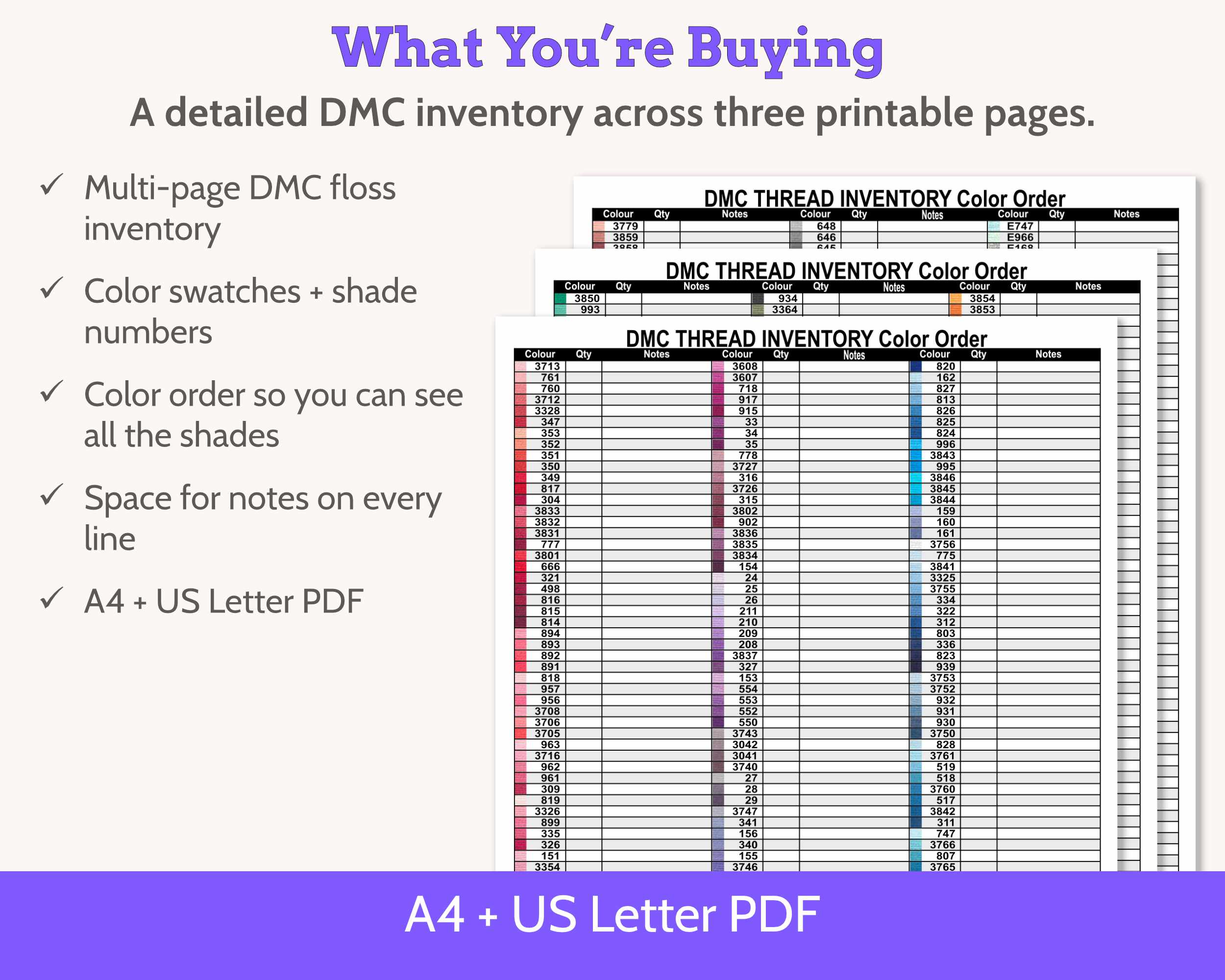 DMC Floss Inventory: Colour Order (Three Page, with Notes)