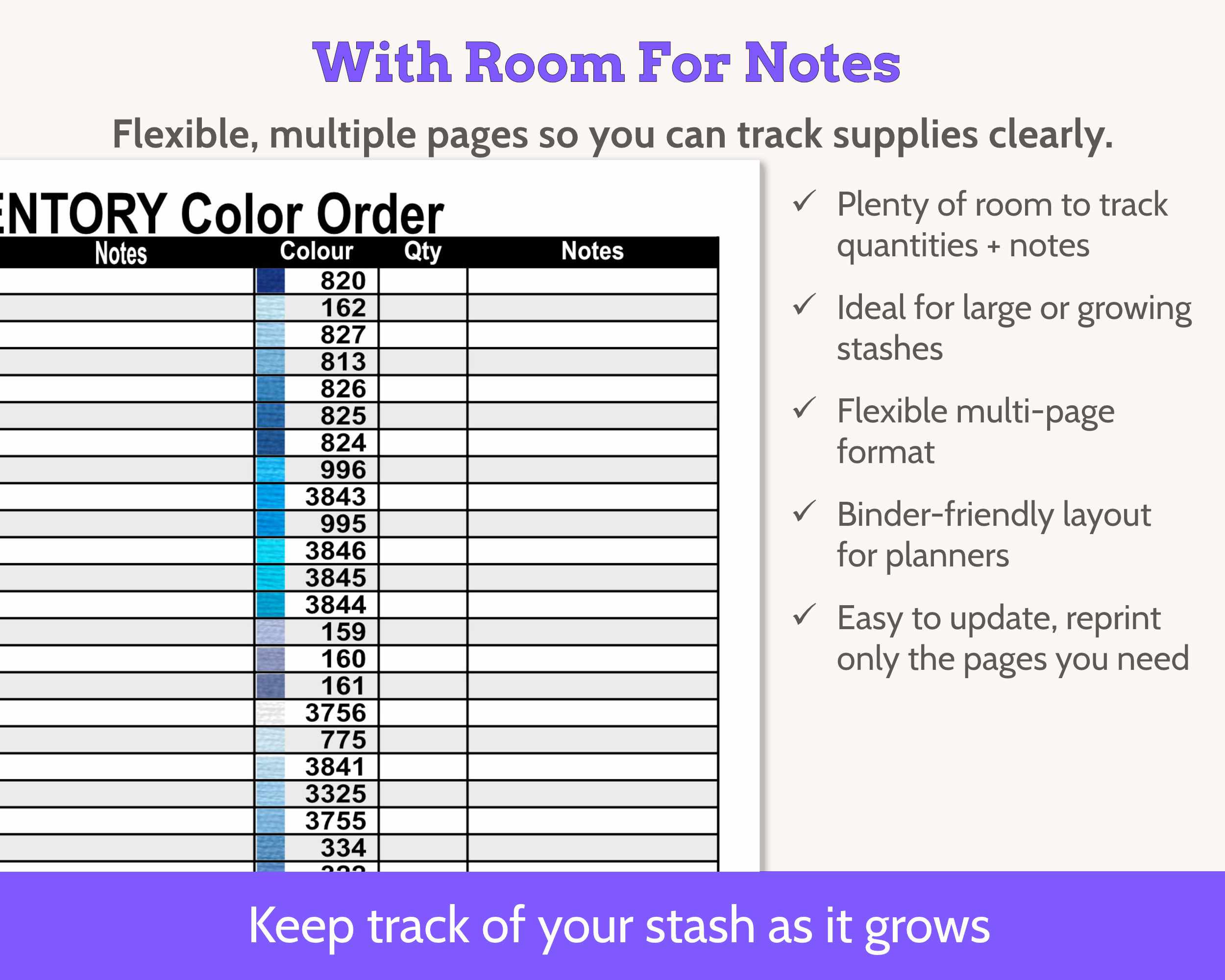 DMC Floss Inventory: Colour Order (Three Page, with Notes)