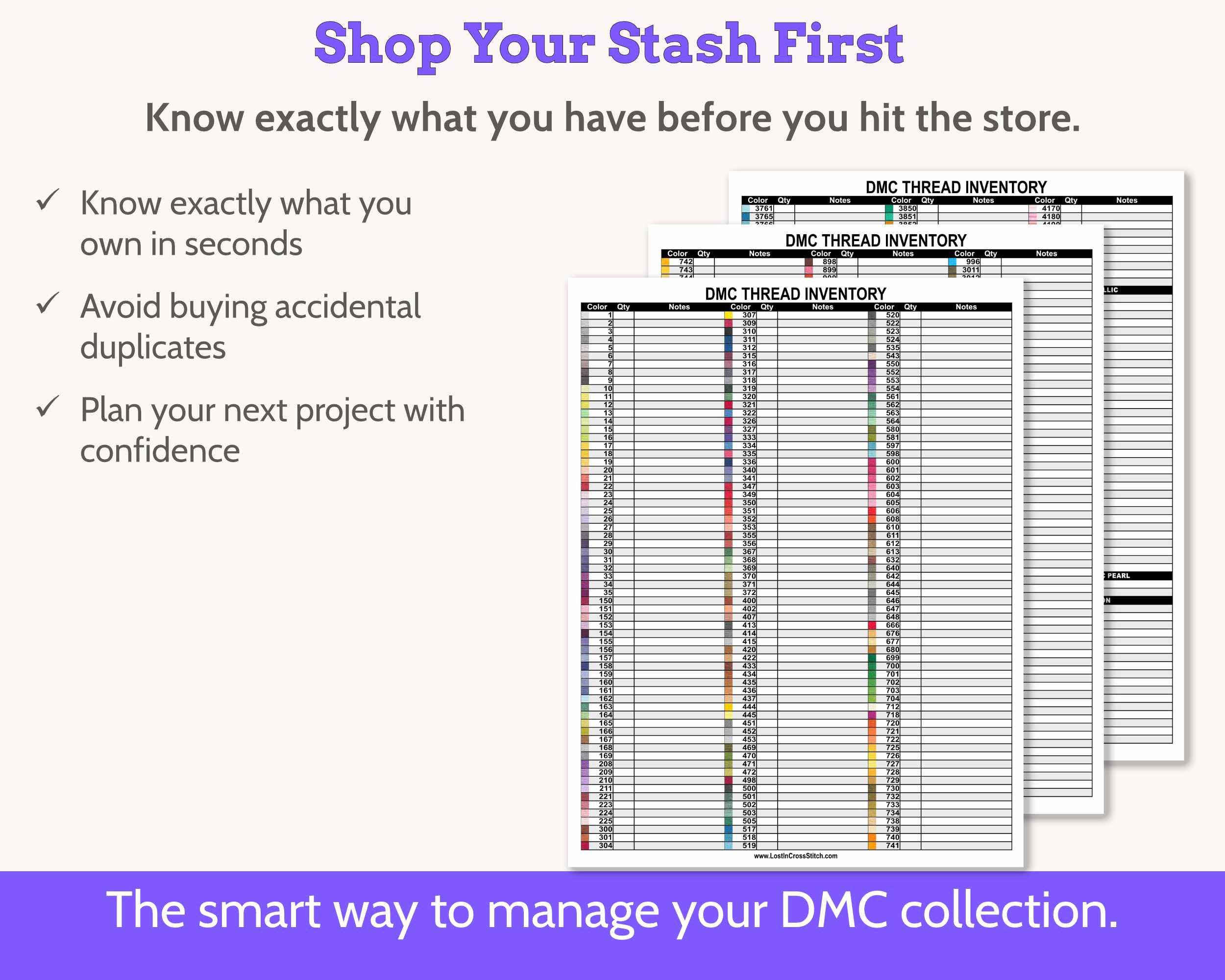 DMC Floss Inventory: Colour Order (Three Page, with Notes)
