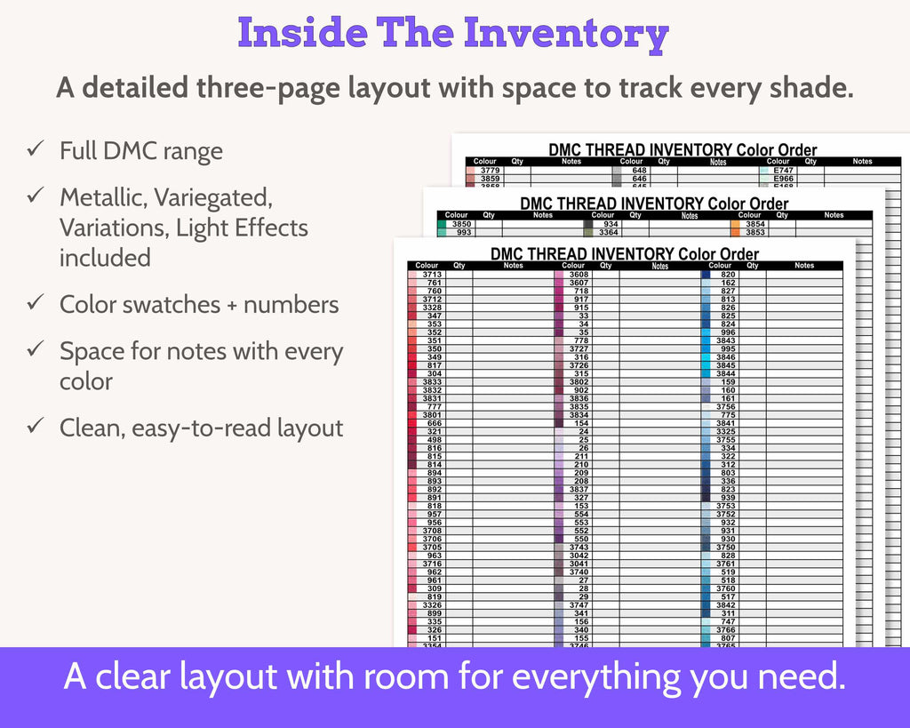 DMC Floss Inventory: Colour Order (Three Page, with Notes)