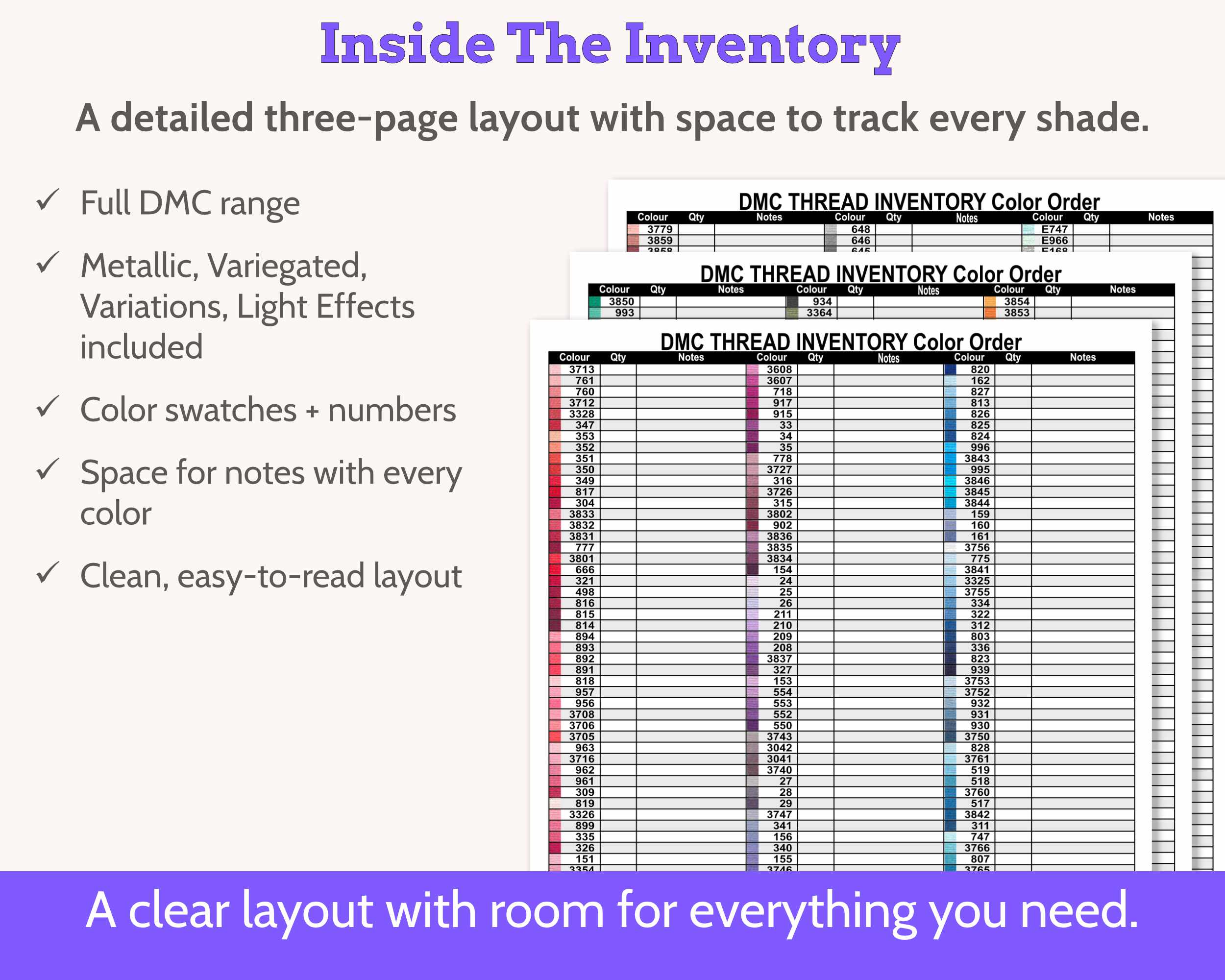 DMC Floss Inventory: Colour Order (Three Page, with Notes)