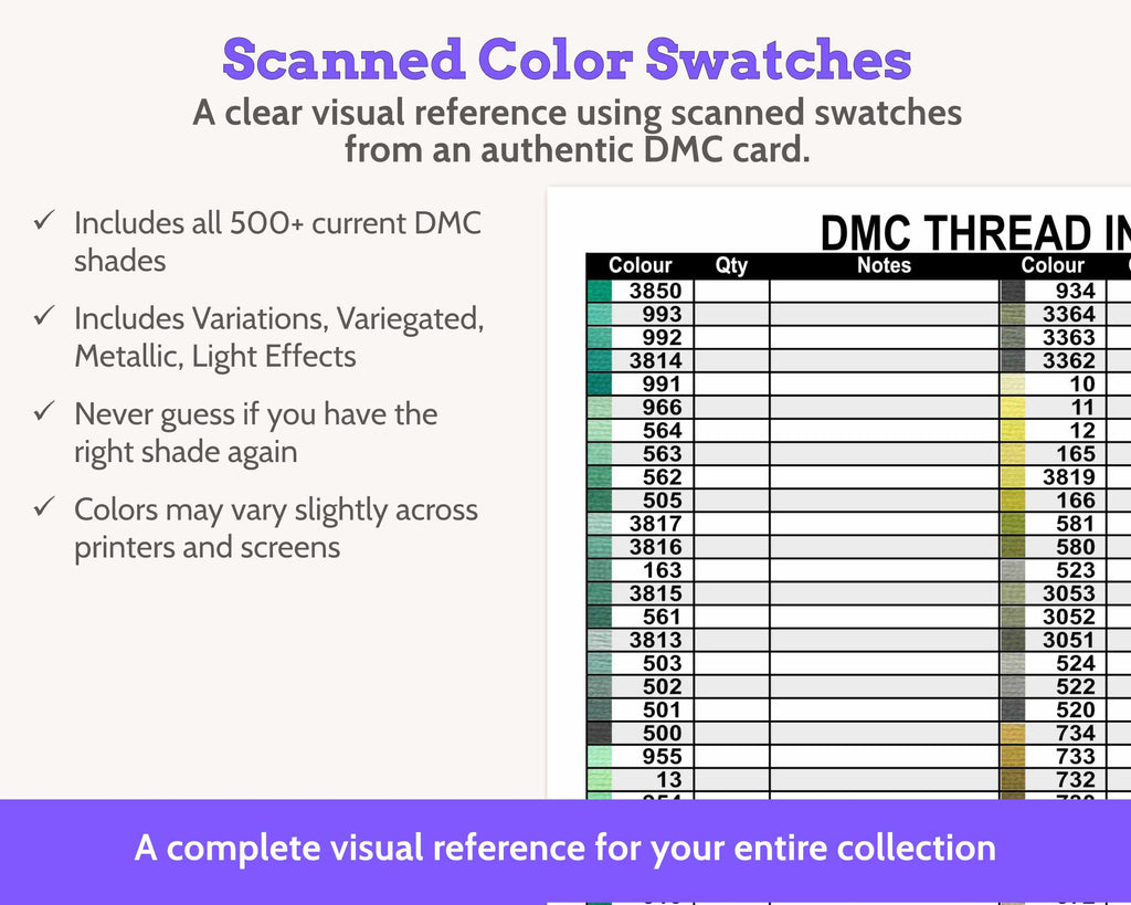 DMC Floss Inventory: Colour Order (Three Page, with Notes)