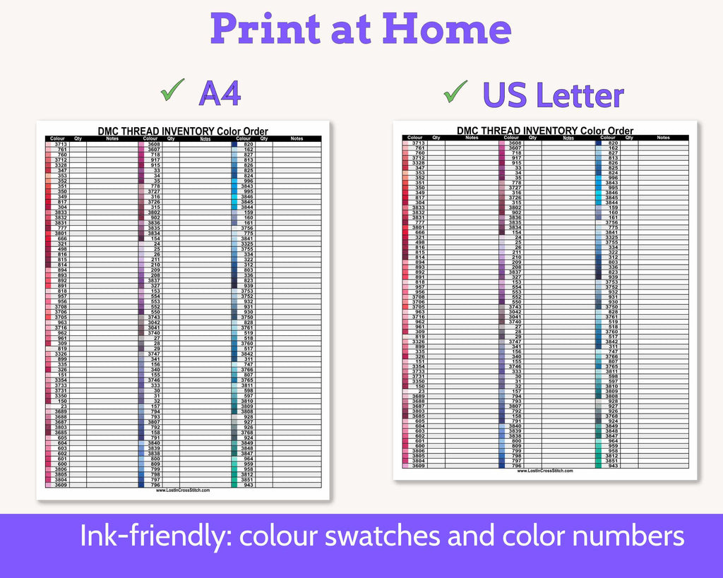 DMC Floss Inventory: Colour Order (Three Page, with Notes)