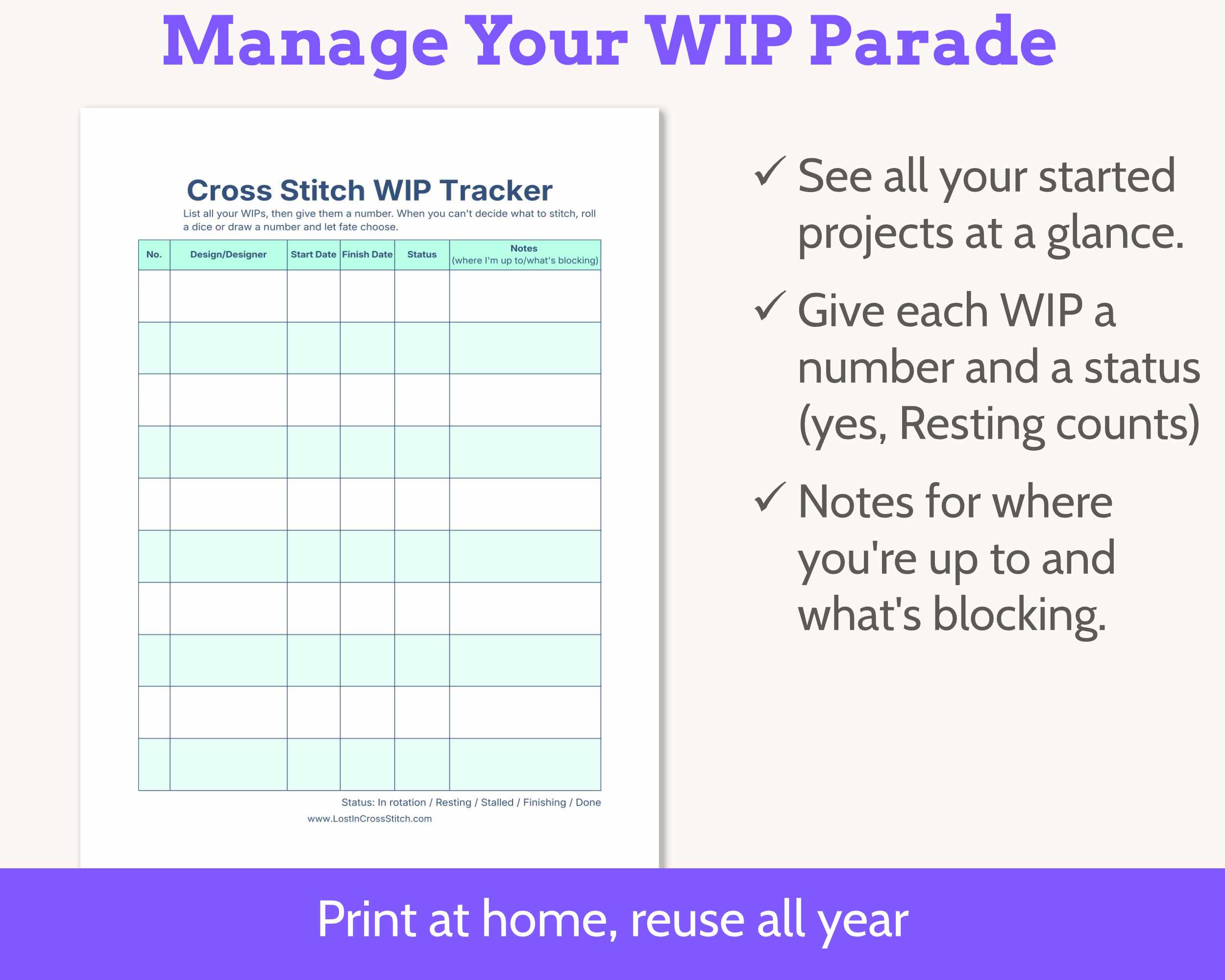 Cross Stitch WIP Tracker Kit - Printable