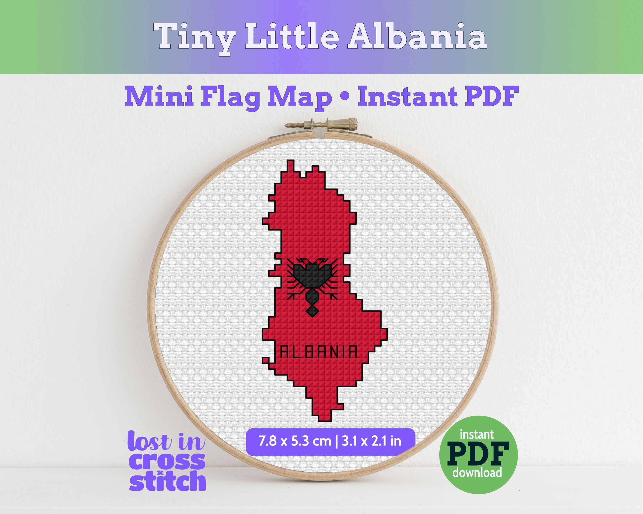 Albania Flag Map Mini Cross Stitch Pattern (PDF Download) Main image