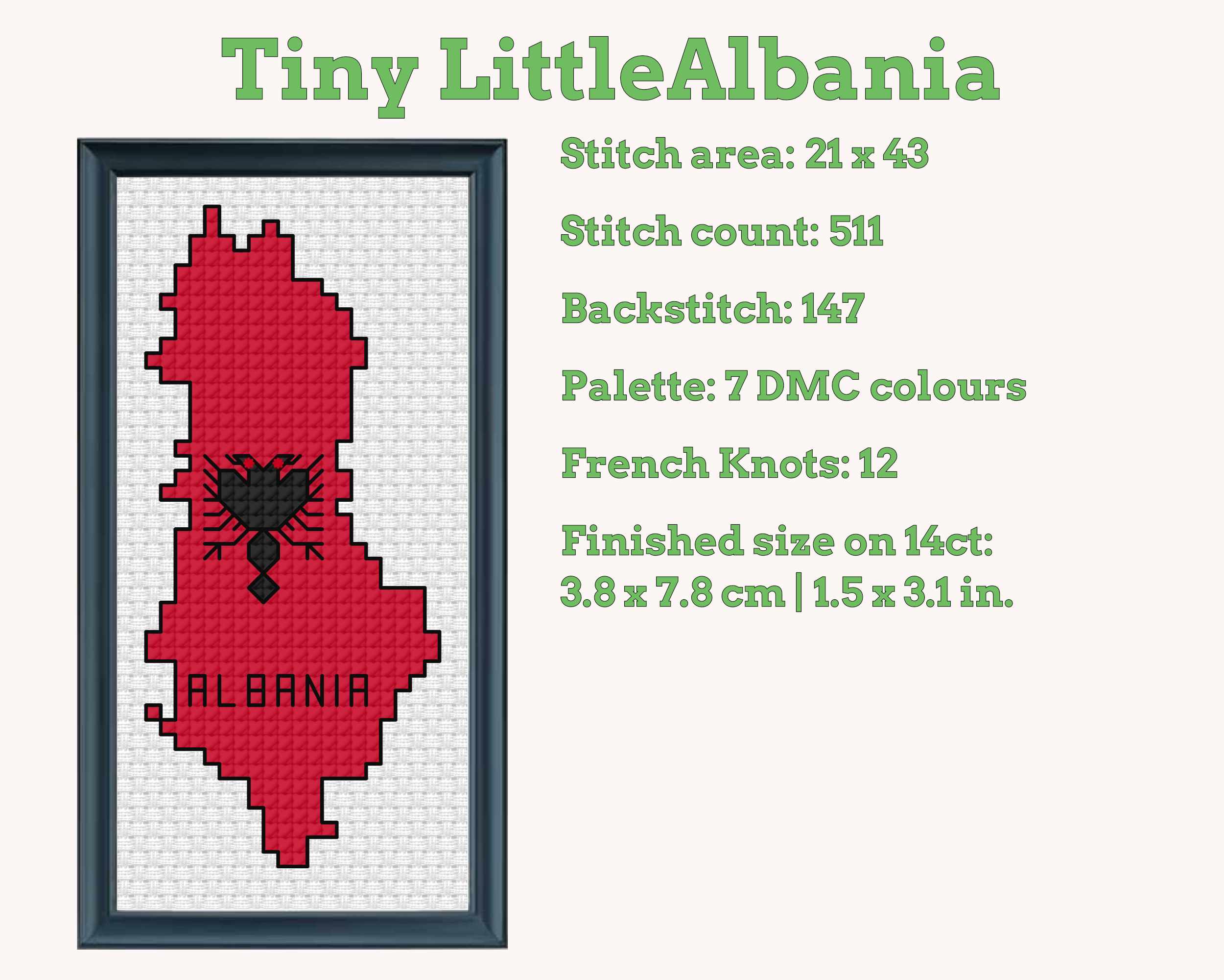 Albania Flag Map Mini Cross Stitch Pattern (PDF Download) Secondary image