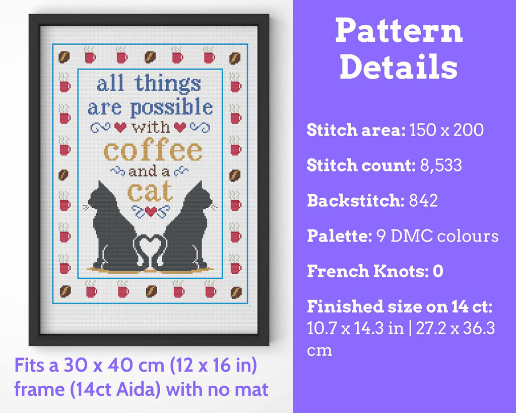 All Things Are Possible with Coffee and a Cat Cross Stitch Pattern