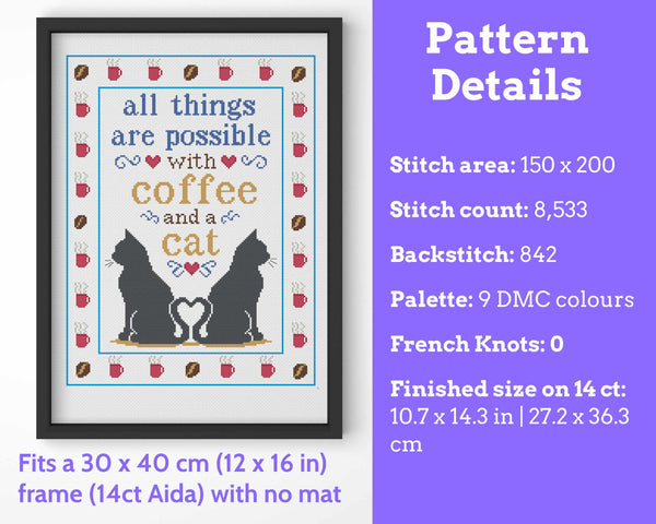All Things Are Possible with Coffee and a Cat Cross Stitch Pattern