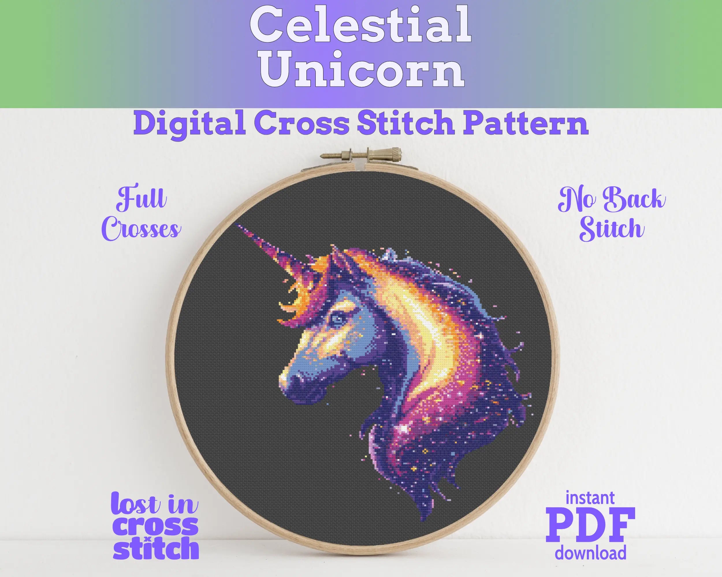 Celestial Unicorn Cross Stitch Pattern PDF Main image