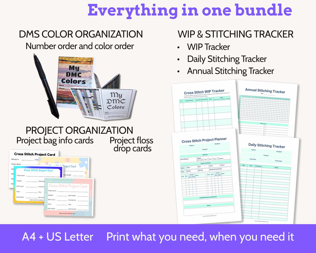 Project Organization Starter Kit - Printable Floss Drops, Cross Stitch Tracker & Project Bag Cards