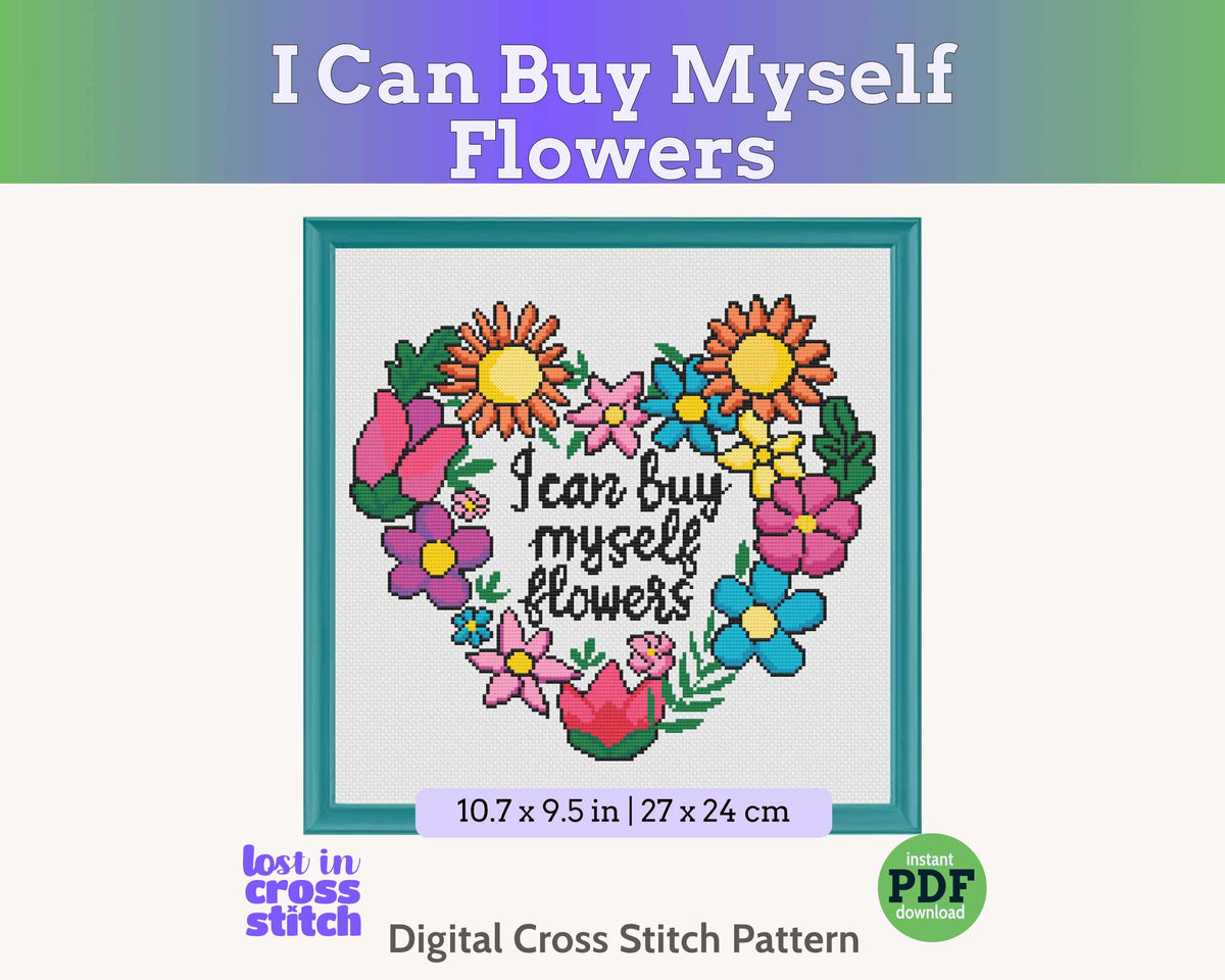 I Can Buy Myself Flowers: Feminist Cross Stitch Pattern Main image