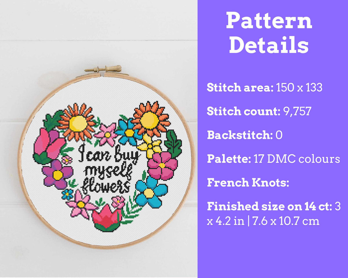 I Can Buy Myself Flowers: Feminist Cross Stitch Pattern