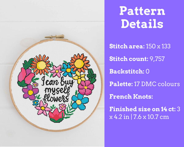 I Can Buy Myself Flowers: Feminist Cross Stitch Pattern