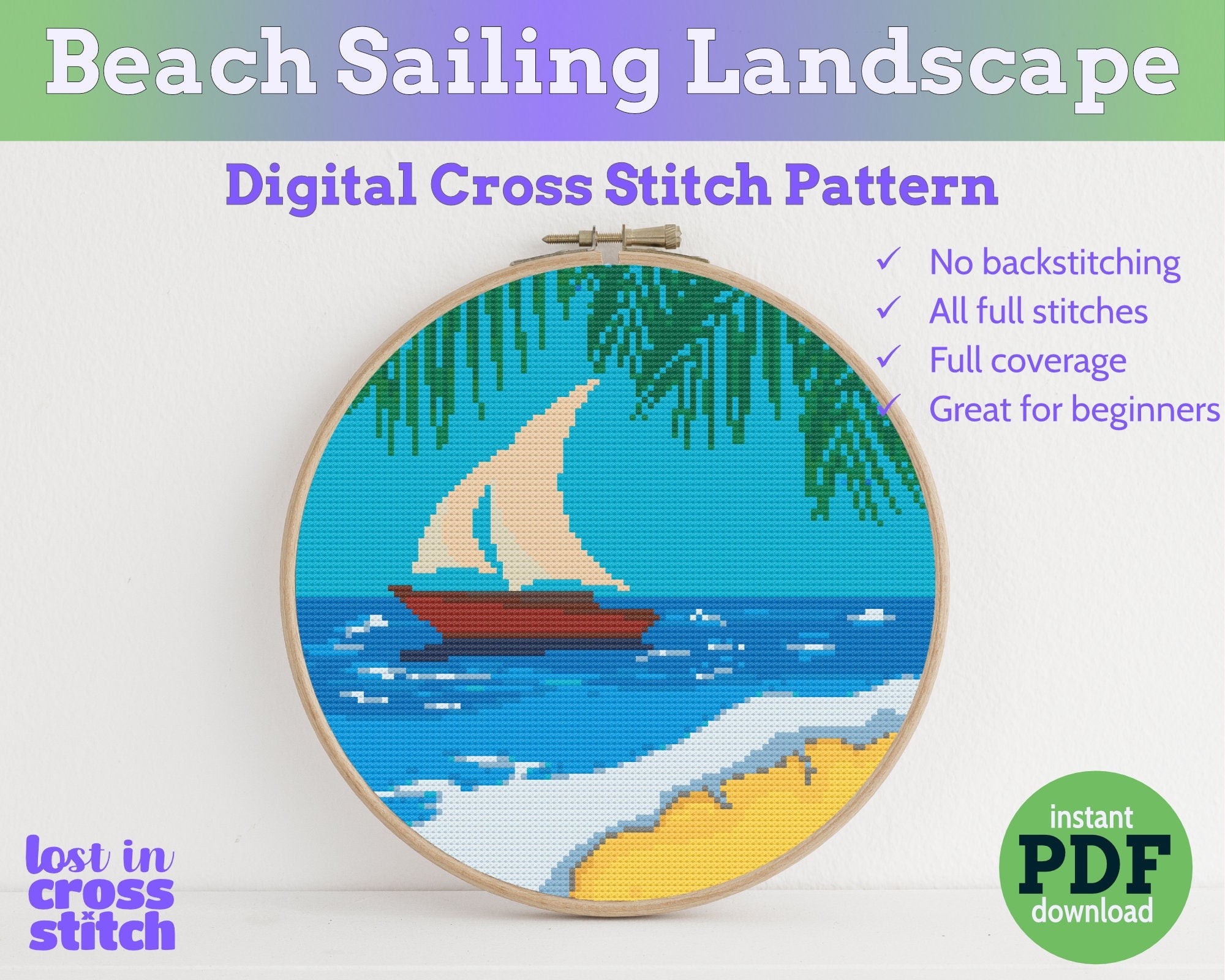 Beach with Sailboat Cross Stitch Pattern PDF Main image
