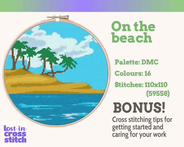 Tropical Beach with Palm Trees Cross Stitch Pattern PDF