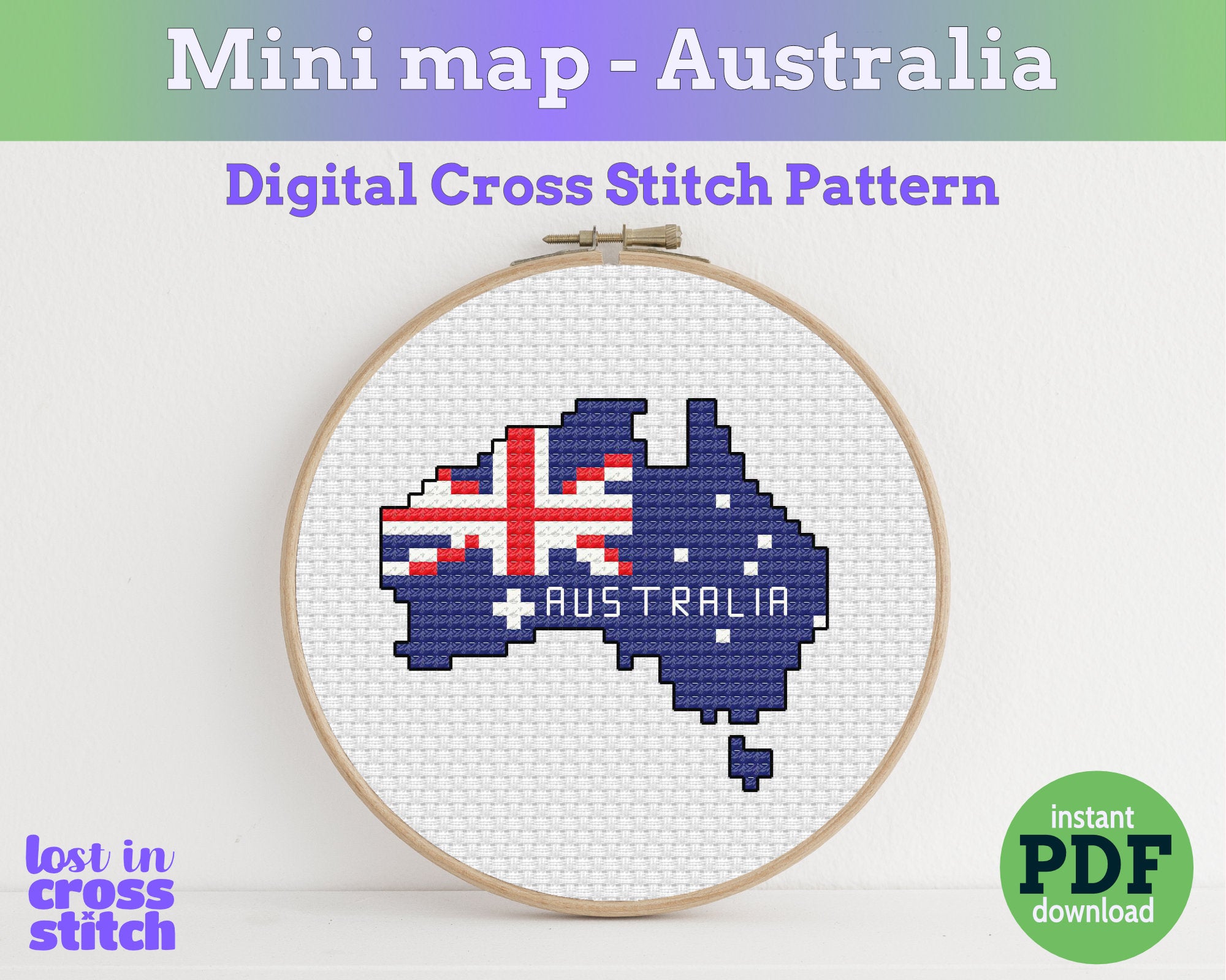 Cross stitch pattern of Australia with the Australian flag, framed in a hoop on a white background. Main image