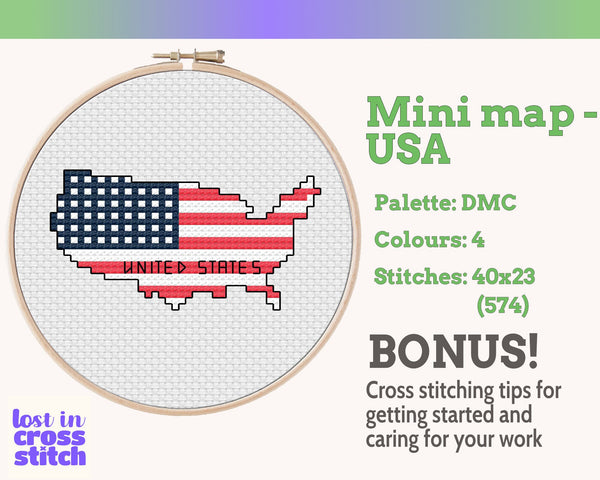 USA Cross Stitch Pattern, Mini Flag Map, Stars and Stripes Travel Souvenir, Instant PDF Download