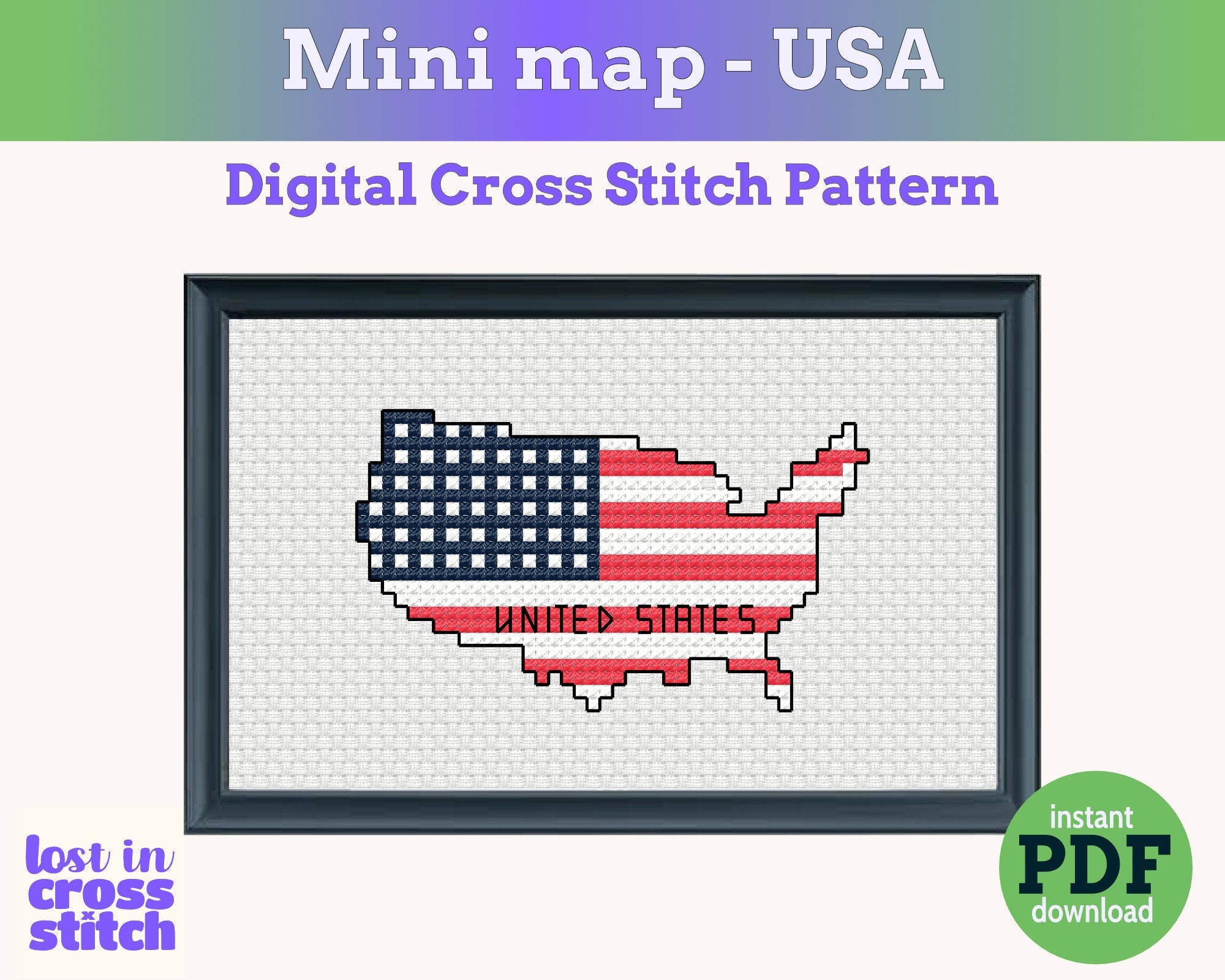 USA Cross Stitch Pattern, Mini Flag Map, Stars and Stripes Travel Souvenir, Instant PDF Download Secondary image