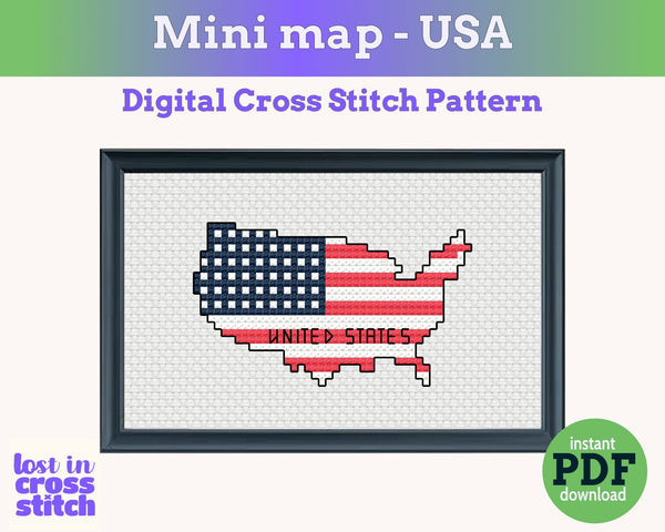 USA Cross Stitch Pattern, Mini Flag Map, Stars and Stripes Travel Souvenir, Instant PDF Download
