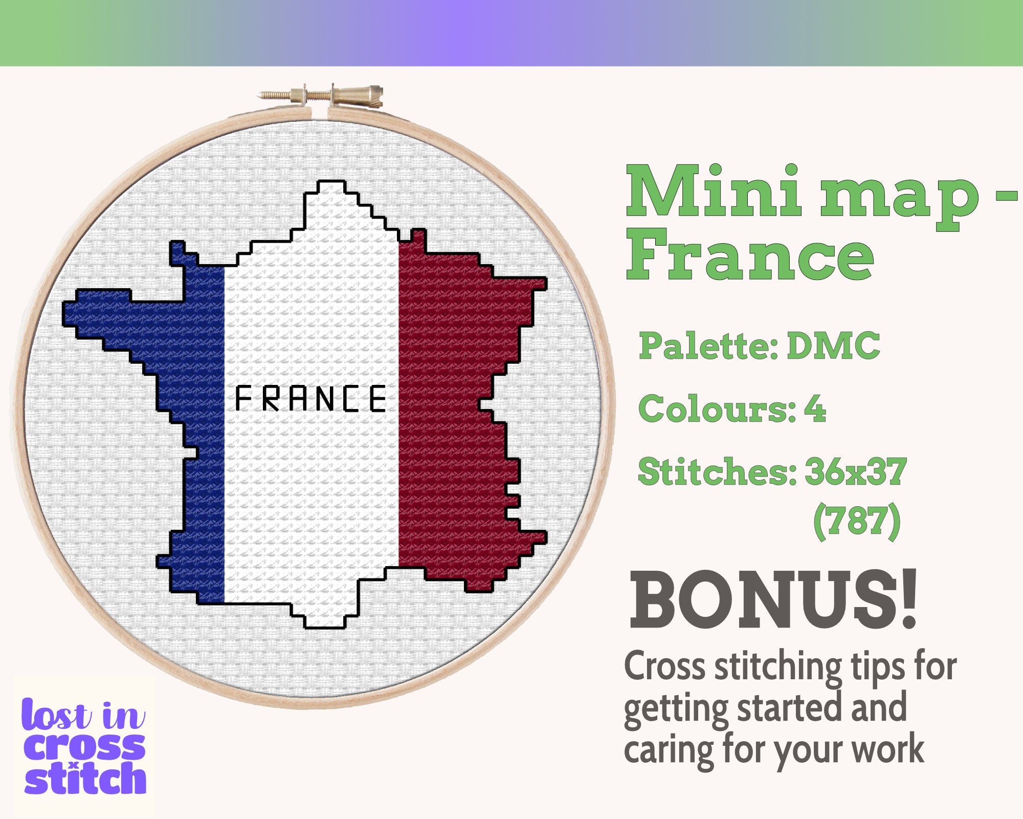 France Cross Stitch Pattern: Tiny Flag Map