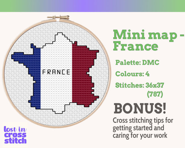 France Cross Stitch Pattern: Tiny Flag Map