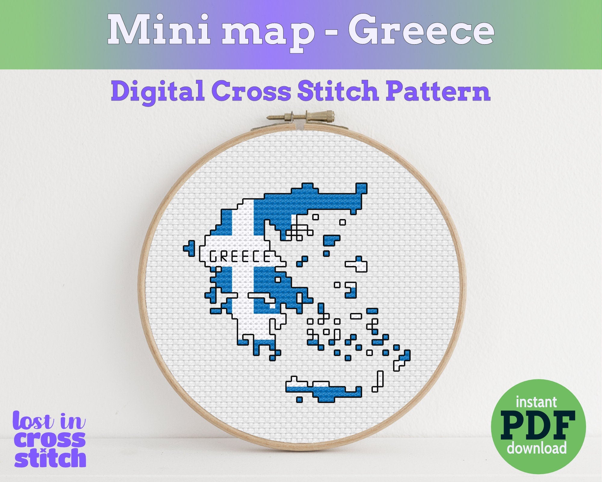 Digital cross stitch pattern of Greece in an embroidery hoop with 'lost in cross stitch' branding. Main image