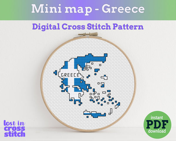 Digital cross stitch pattern of Greece in an embroidery hoop with 'lost in cross stitch' branding.