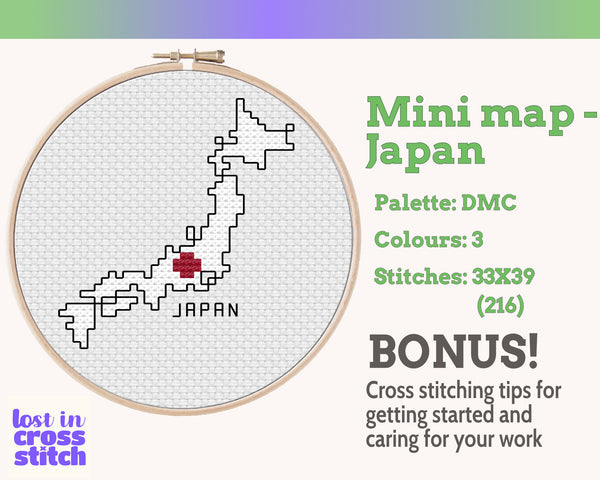 Japan Cross Stitch Pattern: Tiny Flag Map