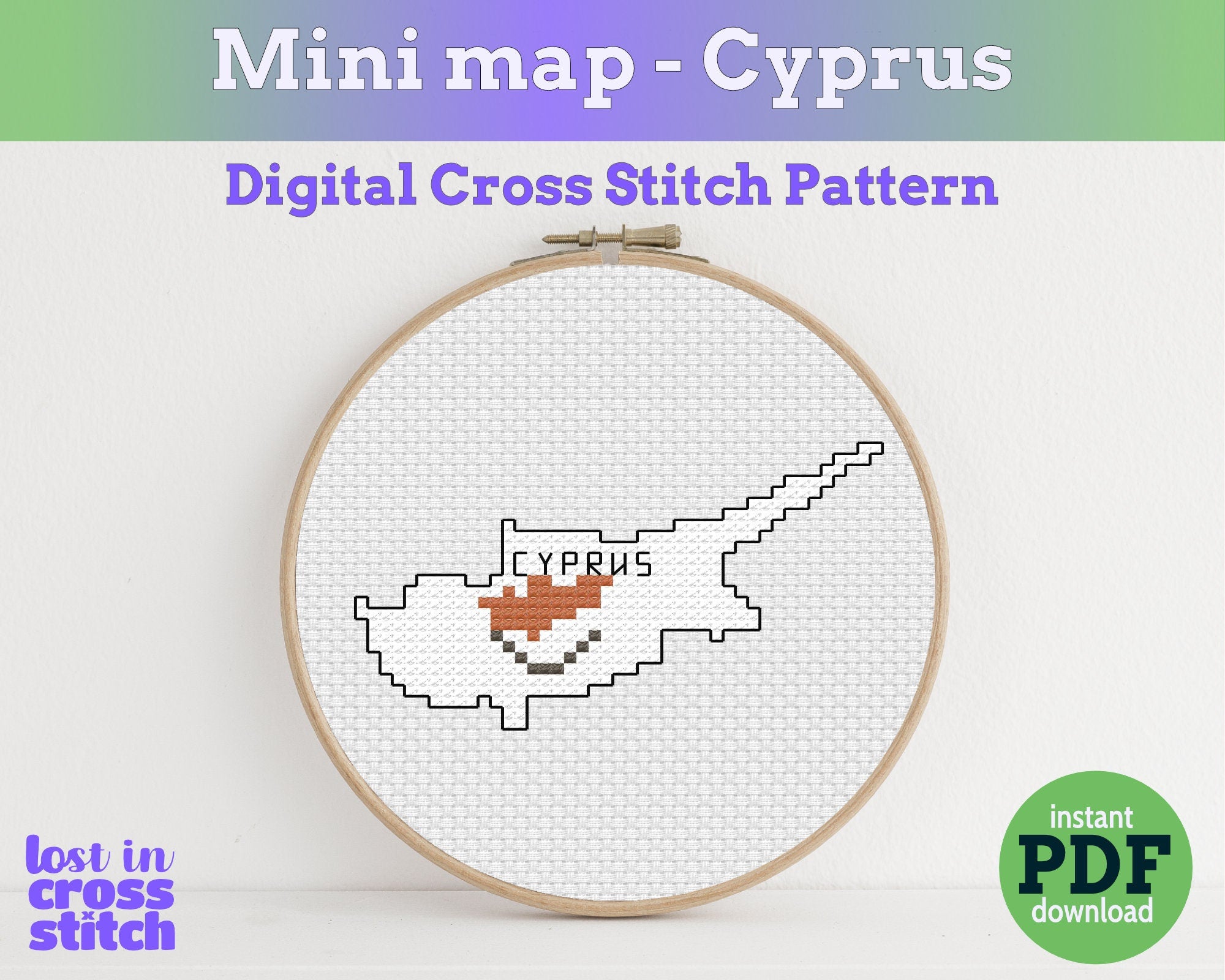 Cyprus Cross Stitch Pattern: Tiny Flag Map Main image