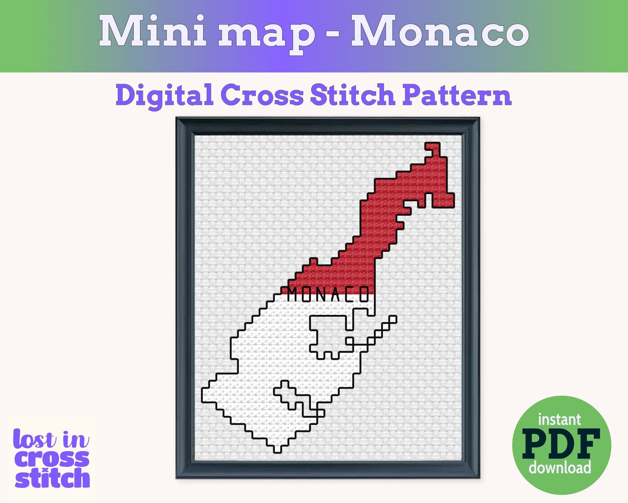 Monaco Cross Stitch Pattern: Tiny Flag Map
