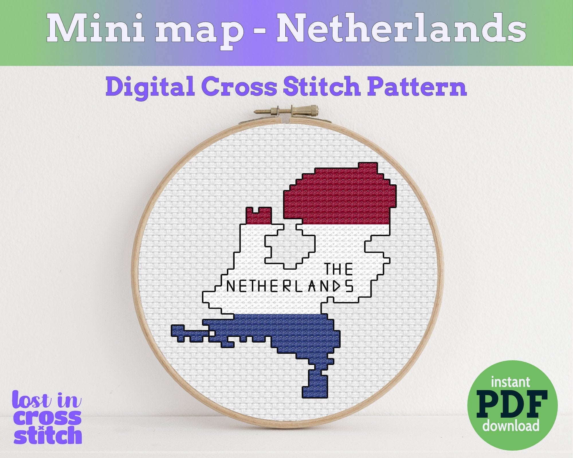 Cross stitch pattern of the Netherlands in a hoop  Main image