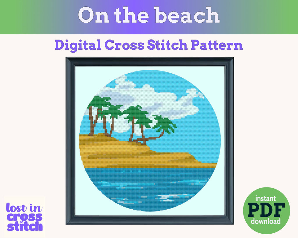 Tropical Beach with Palm Trees Cross Stitch Pattern PDF