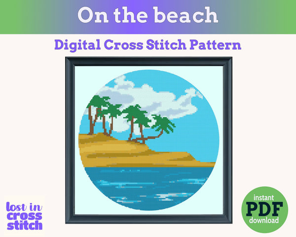 Tropical Beach with Palm Trees Cross Stitch Pattern PDF