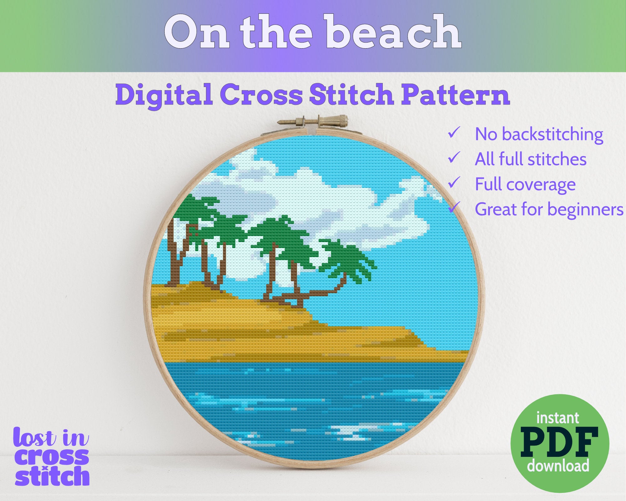 Tropical Beach with Palm Trees Cross Stitch Pattern PDF Main image
