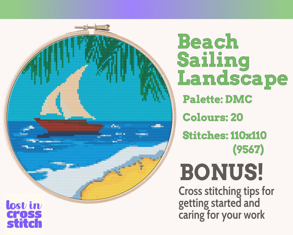Beach with Sailboat Cross Stitch Pattern PDF