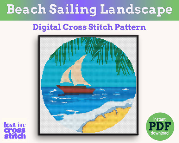 Beach with Sailboat Cross Stitch Pattern PDF