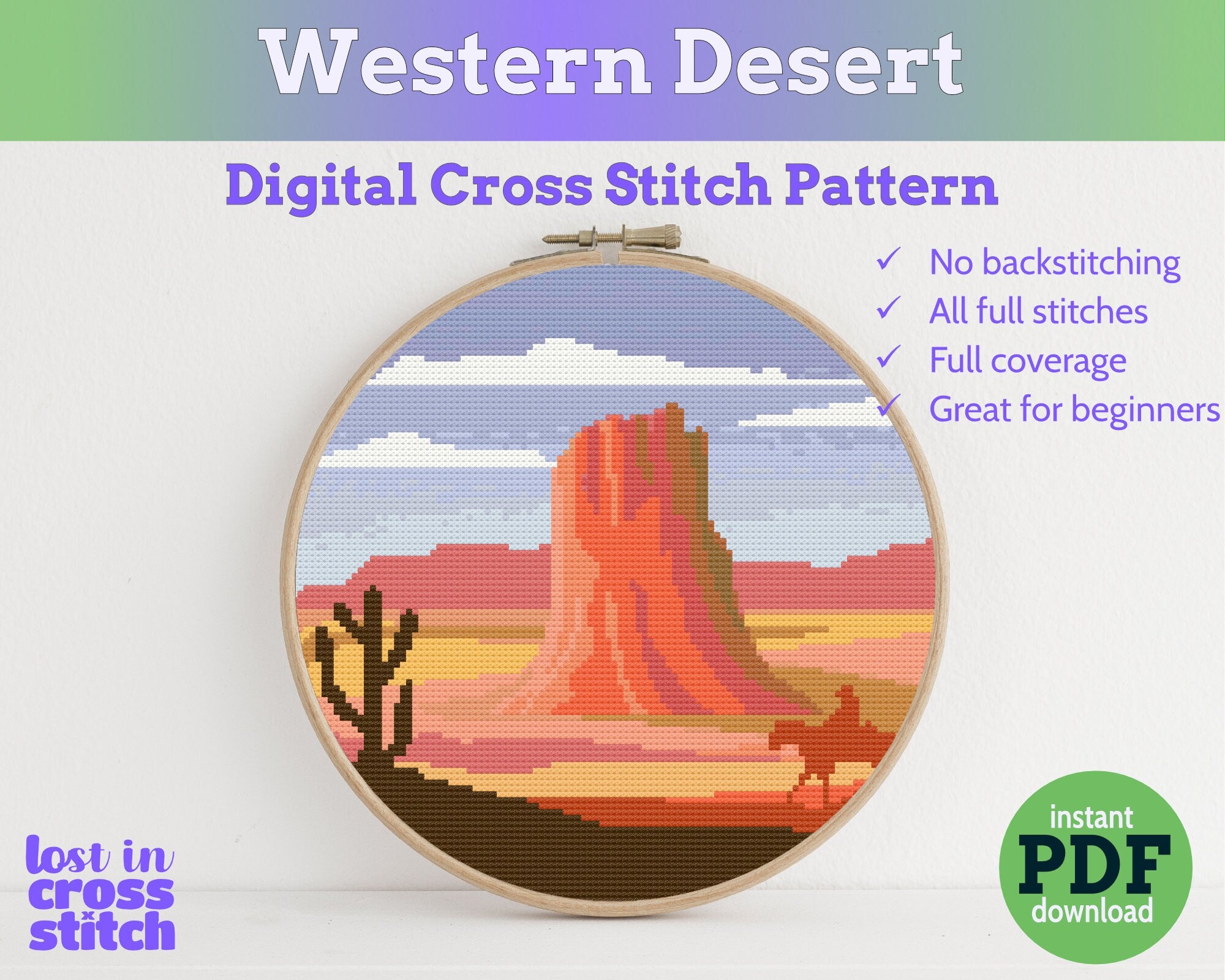 Western Desert Landscape Cross Stitch Pattern PDF Main image
