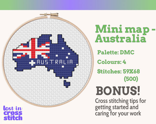 Australia Cross Stitch Pattern: Tiny Flag Map
