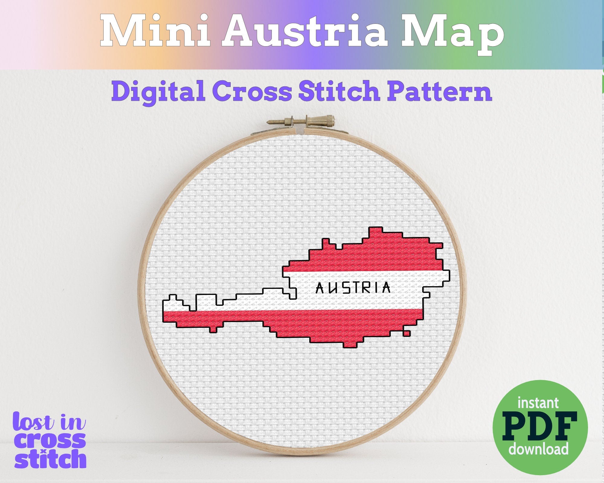 Digital cross stitch pattern of Austria in a wooden hoop  Main image